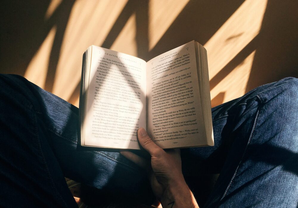 Open book in warm sunlight, representing reflection and growth